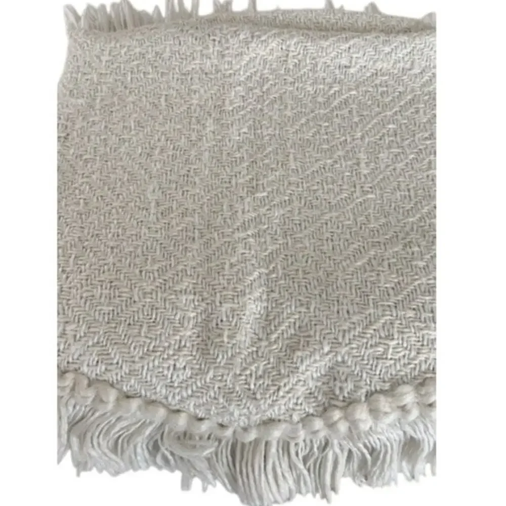 Rachel Zoe Home Throw Blanket Cream Beige Woven Fringe Tassel Boho Textured